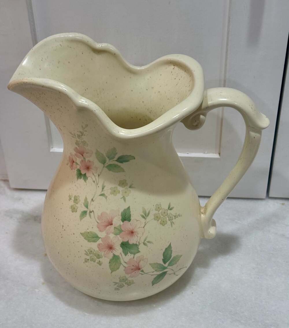 McCoy Pottery Romance Floral Pitcher Cream Pink Green Speckled Stoneware
